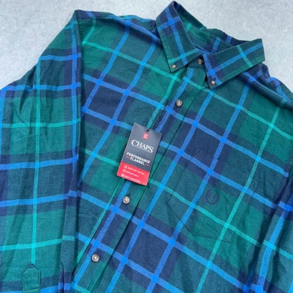 NWT Chaps Performance Flannel Shirt Mens L Green Blue Plaid Long Sleeve NEW